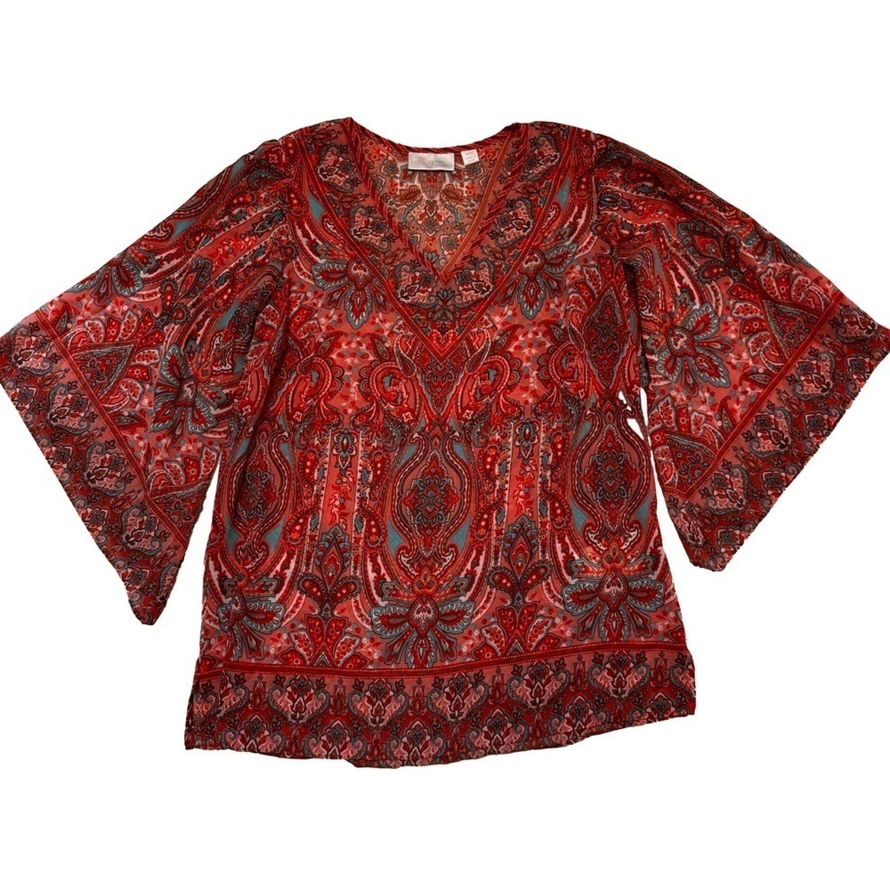 Belle by Kim Gravel Size XXS Paisley Print Bell Sleeve Blouse Top Side Slit NEW